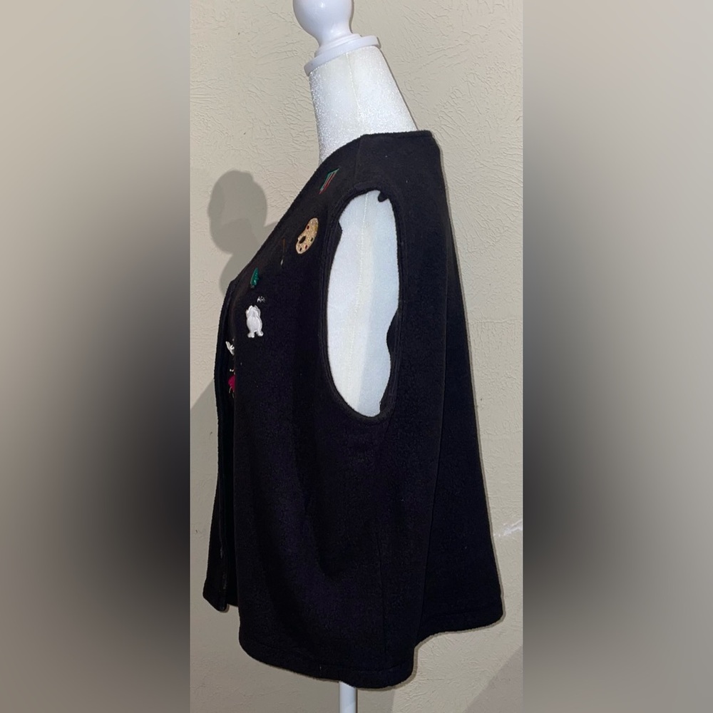 Bechamel Vintage Women’s Size L Christmas Black Fleece Vest Ugly Sweater Santa - Picture 6 of 11